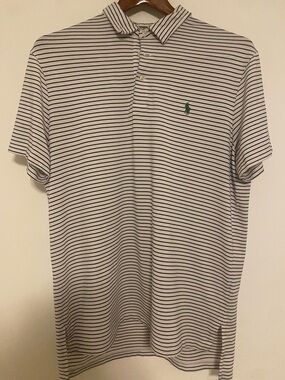 Polo Striped Short-Sleeve Polo Shirt - White with Navy Stripes